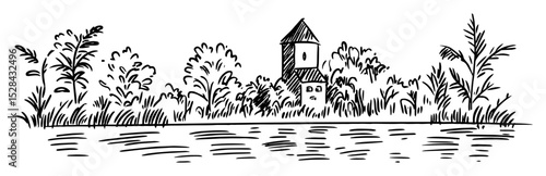 tower near river and dense foliage doodle vector sketch