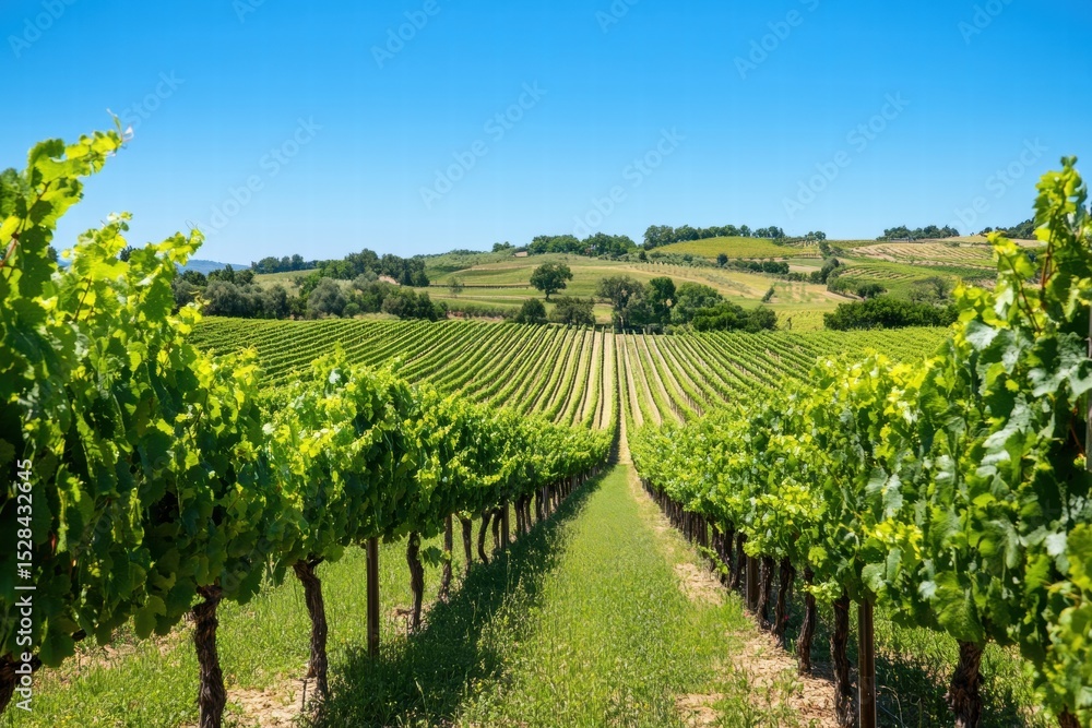 Fototapeta premium Long rows of grapevines under sun