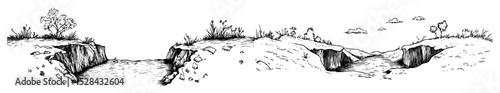 eroded land with deep ravine and cracks doodle vector sketch