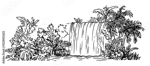 large jungle waterfall with dense foliage doodle vector sketch