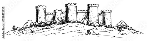 medieval stone fortress on hilltop landscape