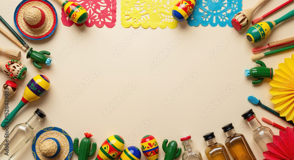 Fototapeta premium Mexican Fiesta Depos Arranged in Circular Frame on Beage Background. Colorful Papel Picado Flags, Maracas, Miniature Sombreros, Tequila Bottles, Cactus. CINCO de Mayo or Mexican Independence Day