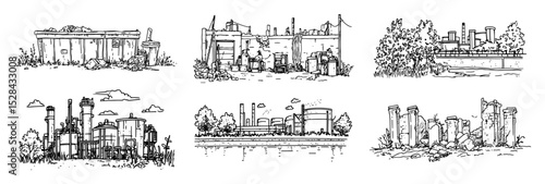 industrial building and ruin sketch set