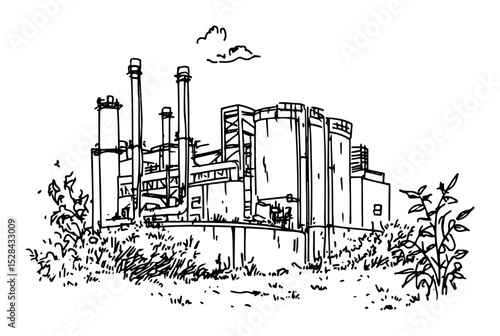detailed sketch of large industrial factory with chimneys