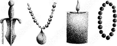 Stippling ink art: dagger, beaded necklace, candle, and mala beads illustration set
