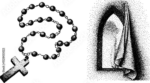 Intricate stippling ink illustration of rosary and arched window for artistic design