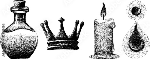 Intricate stippling ink art featuring crown, candle, potion, and teardrop for creative design