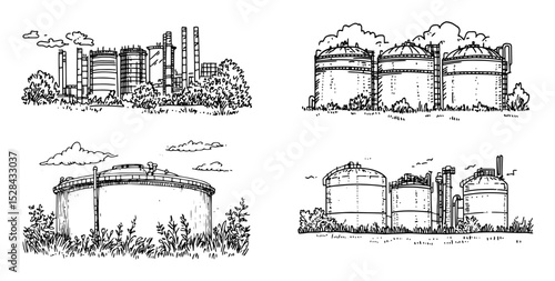 set of industrial storage tanks and refinery buildings