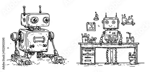 cute robot character working at laboratory desk