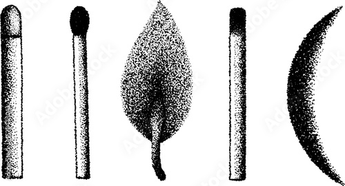 Hyper detailed stippling ink illustration set featuring matches, leaf, and moon phases
