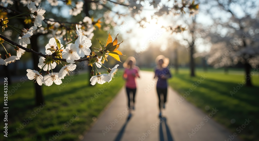 Obraz premium White cherry blossoms with blurred runners jogging in park during golden sunset. Spring flowers on branches with people exercising on path. Fitness motivation. Health services, marathon training