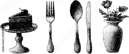 Intricate stippling ink art featuring cake, cutlery, and vase with flowers