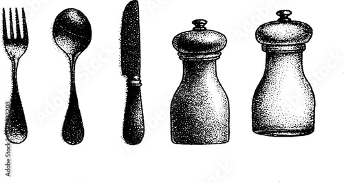 Hyper detailed ink stippling illustration of cutlery and condiment shakers for kitchen decor