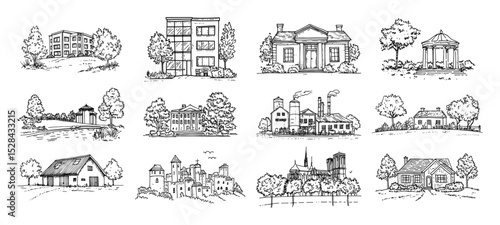 collection of hand drawn house and building sketches