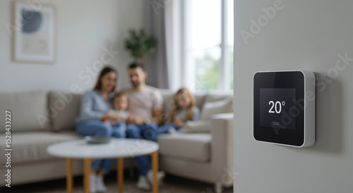 Smart thermostat showing 20 degrees with blurred family sitting on couch in living room. Digital temperature display mounted on wall with home interior background. Climate control technology