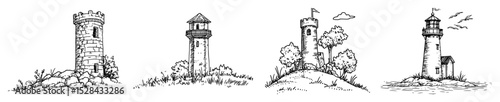 collection of various lighthouse tower sketches