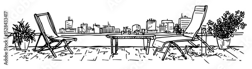rooftop terrace with city view and lounge chairs