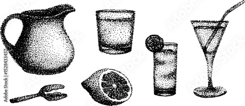 Hyper detailed ink stippling illustration of drinkware and citrus elements for creative design