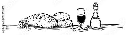 bread wine and grapes in rustic still life