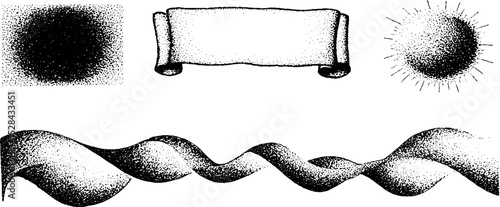 Stippling ink illustration set with scroll banner, sunburst, and wave patterns for artistic design