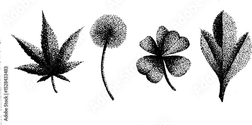 Hyper detailed stippling ink illustration of various nature-inspired leaves and plants