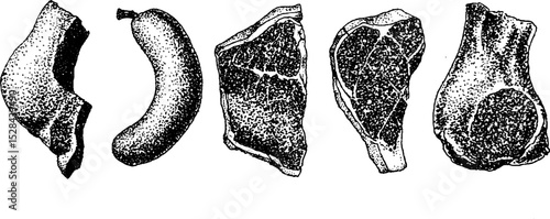 Hyper detailed ink stippling of meat cuts and sausage for culinary design