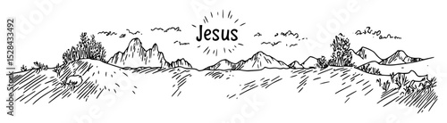 jesus lettering above mountain landscape scene