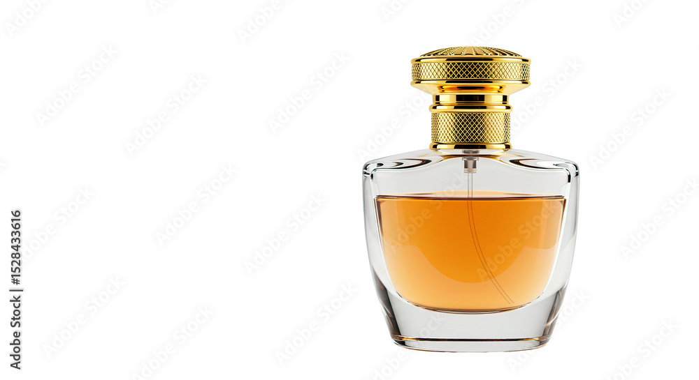 Exquisite perfume bottle with golden details against a dark backdrop. Exquisite perfume bottle with golden details against a dark backdrop.