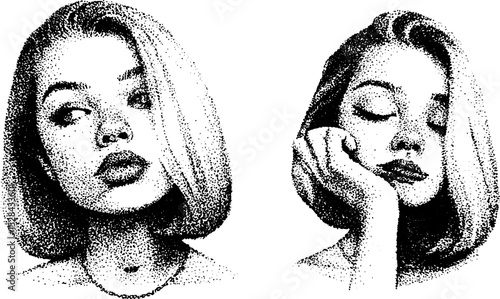 Stippling ink illustration of woman with bob hairstyle in thoughtful expressions
