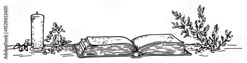 bible and candle on table with leaves