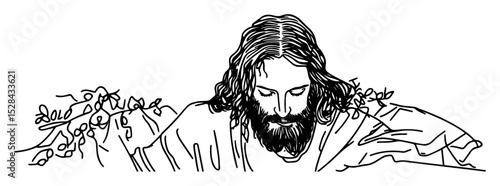 jesus in prayer among branches and flowers