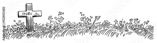 grave cross with inri inscription among flowers