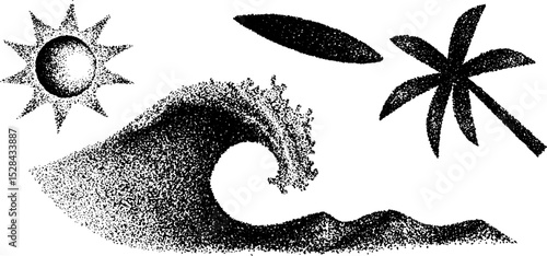 Tropical beach scene with sun, palm tree, wave, and surfboard in stippling ink art