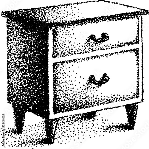 Stippling ink drawing of a vintage nightstand with two drawers