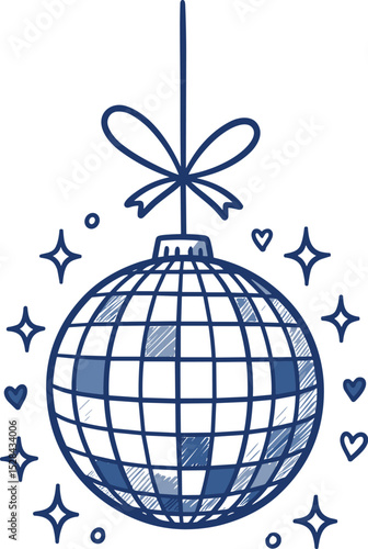 Contemporary minimalist line art illustration of disco ball. Hand drawn decorative element for party. Outline doodle drawing of 70s symbol. 