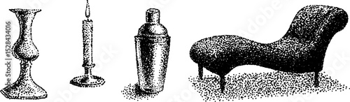 Stippling ink art collection featuring vase, candle, shaker, and chaise lounge