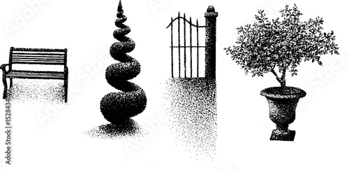 Ink stippling artwork featuring garden elements: bench, topiary, gate, and potted tree