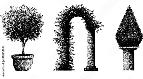 Detailed ink stippling set of topiary trees and garden arches - design for print