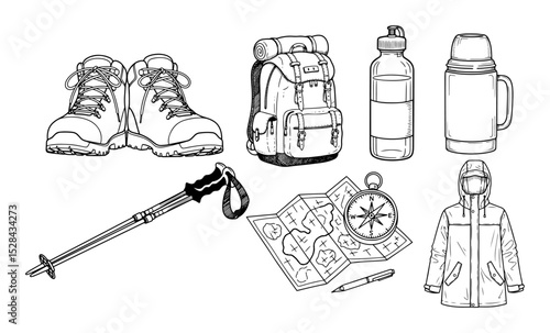 hiking gear essentials kit with equipment illustrations