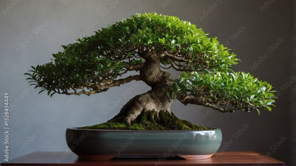 Fototapeta premium A majestic bonsai tree in a pot, a miniature masterpiece of nature's artistry