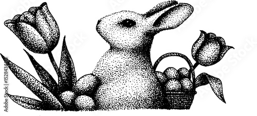 Easter bunny and tulips stippling ink art for seasonal decoration and greeting cards