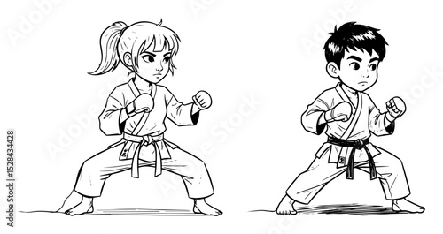 kids practicing martial arts line art illustration