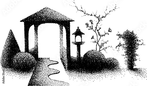 Tranquil garden scene with pavilion and lantern in ink stippling technique