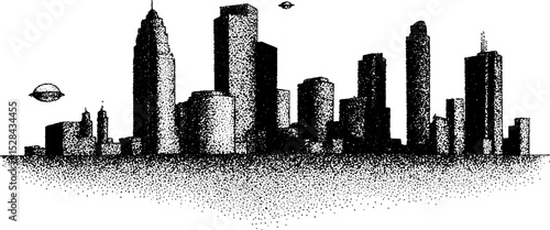 Futuristic cityscape in ink stippling technique