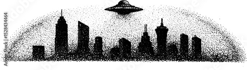 Futuristic cityscape with ufo in detailed ink stippling design