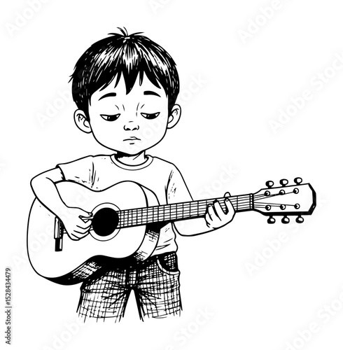 boy playing acoustic guitar hand drawn sketch