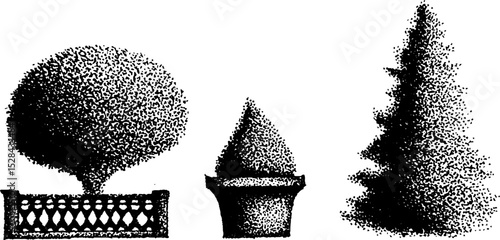 Hyper detailed stippling ink art of decorative trees and plants in pots