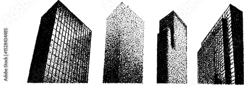 Hyper detailed ink stippling of urban architecture with geometric skyscrapers