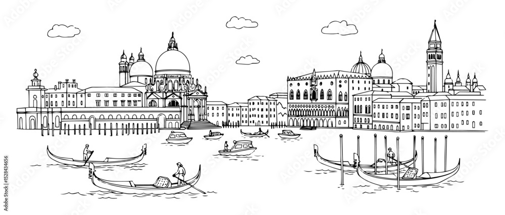 Obraz premium venice skyline with gondolas hand drawn illustration