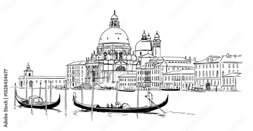 Obraz premium venetian buildings and gondolas on canal detailed sketch
